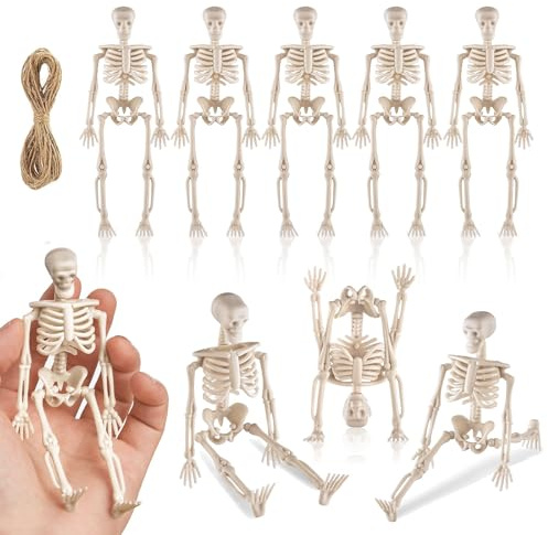 Hebterrka 8 Stück Halloween Mini Skelett Figuren Dekoration, 15 cm Posierbare Plastik Skelette für Gruselige Halloween Hausdeko, Geisterhaus Dekorationen und Partygeschenke