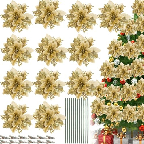 QXNDXQ 12PCS Scintillio Fiori di Natale Poinsettia Artificiali,Fiori Artificiali per Alberi di Natale con Stelo e Clip,per Albero di Natale Festivo,Ghirlanda,Feste di Matrimonio Addobbi (oro)