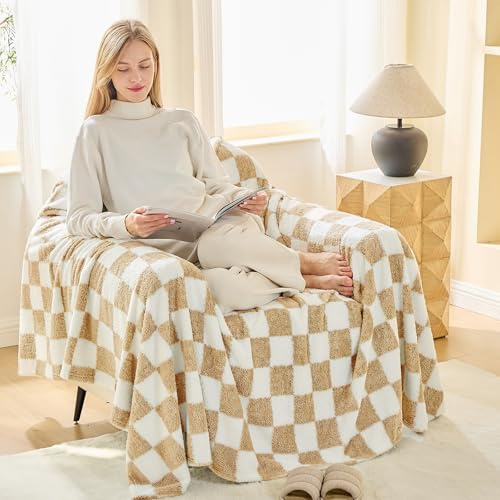 EMME Coperta in pile sherpa, soffice coperta in flanella, 200 x 230 cm, a quadri, morbida, calda e confortevole, per letto, divano, poltrone, picnic, beige