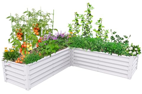 A ANLEOLIFE L-Shaped Galvanized Raised Garden Beds Outdoor,74x74x18in Large Metal Planter Box for Planting Vegetables Flowers Herb, Anti-Rust & Easy-Setup, Antique White