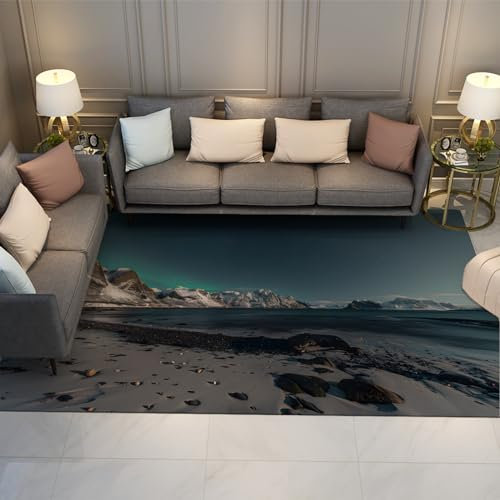 LANDERSION Nacht Outdoor Scenery Teppich Aurora Mountain Waschbarer Flächenteppich mit Rutschfester Rückseite für Wohnzimmer Schlafzimmer Esszimmer Büro 60x120cm