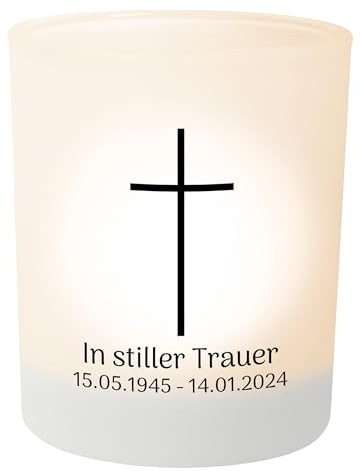Personalisierter Teelichthalter Kreuz – Teelichtglas, Gedenklicht für Verstorbene, Geschenk für Trauernde - Trauerlicht personalisiert mit Wunschtext