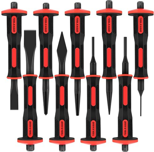 TOOLEAGUE 9Pcs Punch and Chisel Set, Including Cape & Cold Chisels, Taper, Pin & Center Punch with Hand Guard for Working with Wood, Metal, Automotive