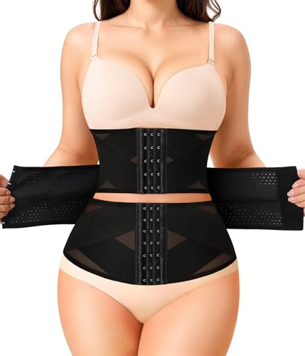 KUMAYES Waist Trainer Women Body Shaper, Waist Cincher Gym Sweat Belt for Weight Loss Women Stomach Flattener Postpartum Belly Wrap Corset (Black, S)