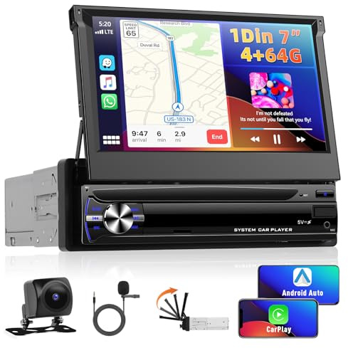 4GB RAM + 64GB ROM Wireless CarPlay Autoradio 1 Din Con Schermo, Motorsi Android Auto Schermo a Scomparsa Con Navigazione GPS, Bluetooth, FM/AM/RDS Radio, WiFi, Schermo Diviso + Telecamera Posteriore
