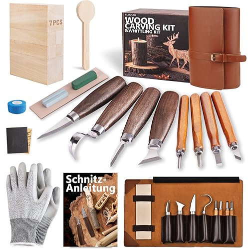 Schnitzwerkzeug Holz Schnitzset für Anfänger: Schnitzmesser Set 25-teiliges zum Schnitzen - HolzSchnitzset Carving Kit mit Anleitung, Handschuhe und Lindenholz für Kinder Erwachsene Geschenk