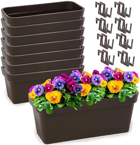 PECZEKO Set di fioriere in plastica, fioriera per fiori ed erbe aromatiche, vaso da balcone resistente, confezione da 8 pezzi, marrone, ø 40 cm