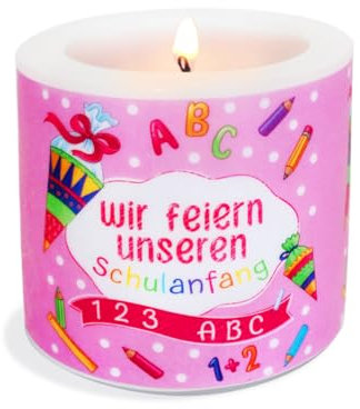 Candle for First Day of School Girl Pink as Table Decoration for First Day of School. Candle with Motif as Original Table Decoration for First Day at School Diameter 8 x Height 7.5 cm