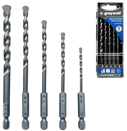 Greywolf Concrete Drill Bit Set, Masonry Drill Bit Set, Shockproof Hex Shank Drill Bit Set, Industrial Carbide Drill Bits for Glass/Brick/Plastic/Cement/Tile (3/4/5/6/8mm) 5 pcs