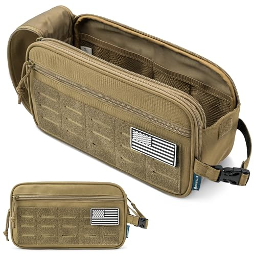 PAVILIA Tactical Toiletry Bag for Men, Water Resistant Molle Military Dopp, Tan, XL, Military | Shower Dopp Kit, Travel Hygiene Organizer Wet Dry Storage, Shaving Grooming Gym Camping, Veterans Memorial Fathers Day Gift