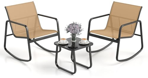 COSTWAY 3-TLG. Gartenmöbel Set, Balkonset mit 2 Stühle und Tisch, Balkonmöbel mit sanfter Schaukelbewegung, Terrassenmöbel, Gartengarnitur, Sitzgruppe für Terrasse, Balkon, Garten (Braun)