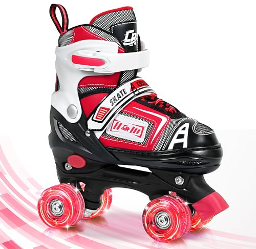 Adjustable Quad Skates for Kids, Teens, and Adults – Light-Up Wheels – Comfortable Fit, Secure Closure, Indoor and Outdoor Roller Skates for Boys and Girls (Red, Medium - Big Kid (1Y-5Y US))