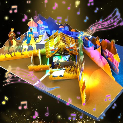 CNLITIHEKA 3D Weihnachtskarten mit Weihnachtskrippe Pop Up Weihnachtskarten mit Lichtern & Musik religiöse Weihnachten inklusive Umschlag