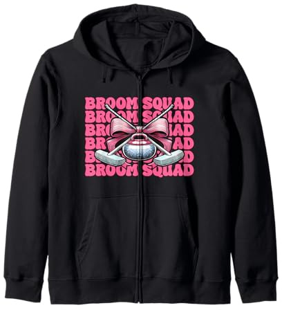Broom Squad Curling Stone Player Girl Mom Coquette Bow Zip Hoodie