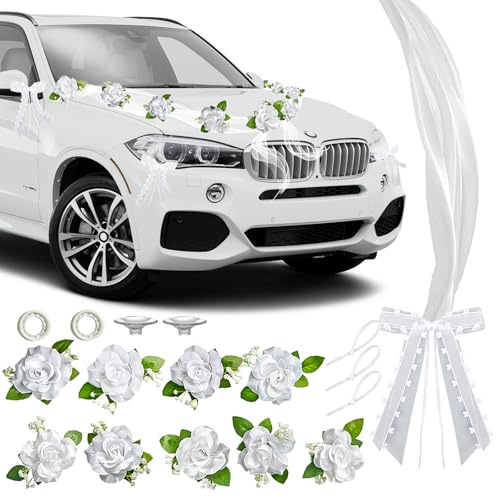 Autoschmuck Hochzeit Motorhaube Blumen Hochzeitsschmuck Auto | Blumenschmuck Hochzeitsdeko Auto mit 9 Rosen, Hochzeitsauto Schleife, 2x1.6 m Seiden Deko Girlande Weiß für Hochzeit Party
