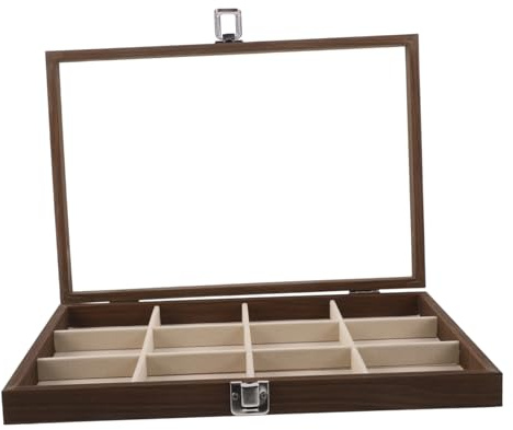LALADEFIEE Scatola Portagioie in Vetro con Coperchio Antipolvere, Organizer per Anelli e Orecchini con 12 Scomparti, Espositore in Noce Raffinato per Conservazione Gioielli Donna, Accessorio