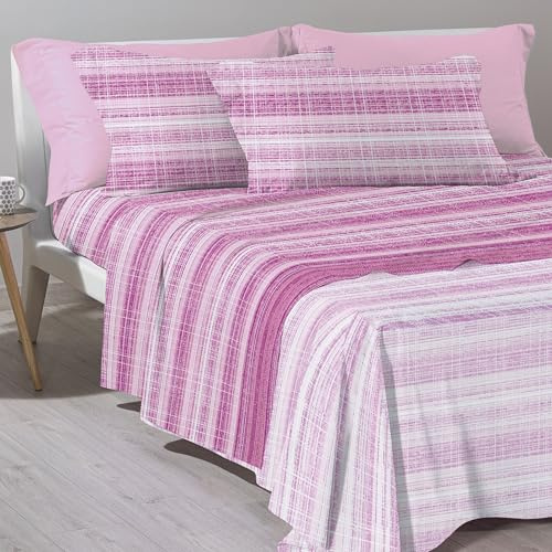 Caleffi Completo Letto Matrimoniale 100% Cotone Morbido - Lenzuolo Sotto con Angoli 180x200x25 cm, Lenzuolo Sopra 240x280 cm, 2 Federe 50x80 cm (Lines Corallo)