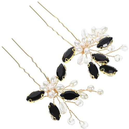MAGICLULU Fourchettes à Cheveux Style Chinois Perles, 1 Paire en Métal Doré et Noir, Accessoires Décoratifs Vintage pour Femme et Fille, pour Mariage, Chignon et Coiffures Élégantes