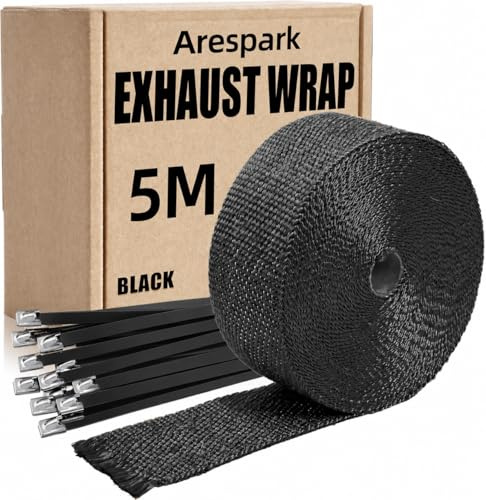 Auspuff Hitzeschutzband 5M Schwarz Glasfaser Krümmer Arespark | 10 schwarze Binder Für Motorrad, Auto, Kamin und Zeltofen Hitzeisolierung für Auspuffkrümmer & Öfen
