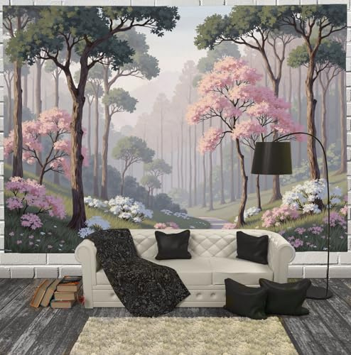 Illustration,Realismus Wandteppiche Wandtuch Wald,Pfad,Wildblumenwiese Wandbehang 150x130cm Wandkunst Wandtücher Wandbehang für Schlafzimmer Ästhetik Zuhause Wohnzimmer Wohnheim Dekor