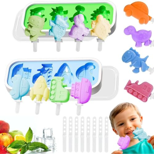 Lot de 2 moules à sucettes glacées en silicone avec bâtons, moules à sucettes glacées en forme d'animal 8 cavités pour enfants – formes de voitures, bateaux, trains, fusées et dinosaures