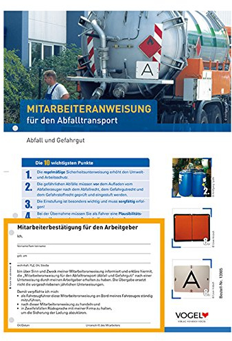 10er Pack Mitarbeiteranweisungen für den Abfalltransport Anweisung Anordnung Verhaltensregeln LKW ADR 2017