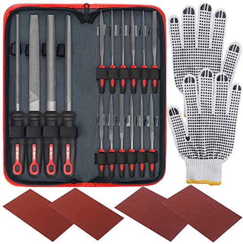 Hi-Spec 16pc Metal File Set – Hand & Needle Files, Large & Fine Micro Steel, Flat, Half, Round & Triangle for Crafts, Metal & Wood Work. Complete Set in Zipper Storage Case