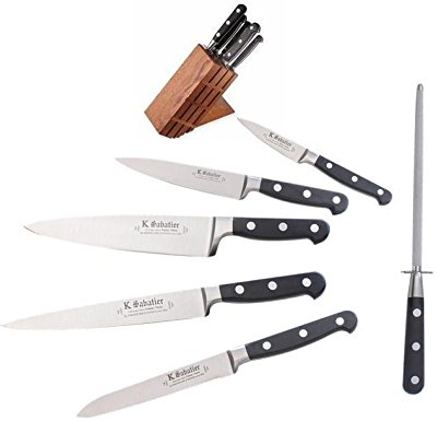 K SABATIER – Estuche de 5 cuchillos – Un fusil y un bloque de madera, gama Bellevue – Acero inoxidable – Mango negro – 100% forja – Fabricado en Francia