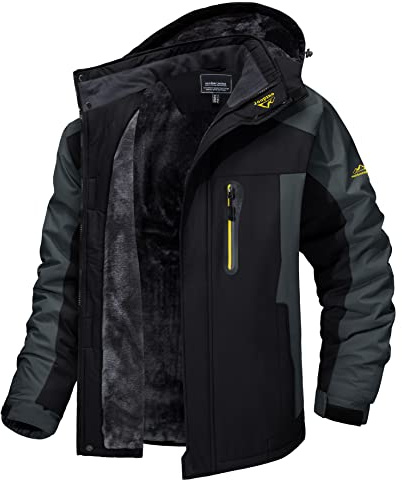 MAGCOMSEN Herren Winter Fleecejacke Warme Gefüttert Skijacke Outdoor Winddicht Wasserdicht Jacke Verdickt Funktionsjacke mit Abnehmbarer Kapuze für Wandern Camping