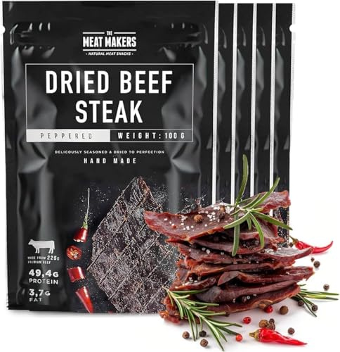 The Meat Makers Peppered Dried Beef Jerky Steak 500g - viande séchée de bœuf séché peppered steak séché de bœuf séché pour les personnes collation à la viande séchée
