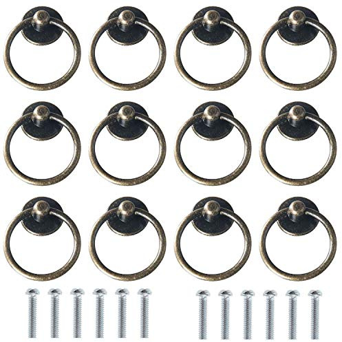 Kyrio - Maniglie rotonde, in stile vintage antico, manopole ad anello, per porte, armadi, cassetti, armadietti, cassettiere, a singolo foro, 12 pezzi, colore marrone