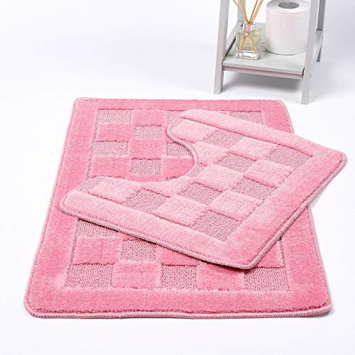 NIGHTZONE Squares 2 Piece Bath Mat & Pedestal Set Non Slip Extra Absorbent Bathroom Toilet Rug Bath Mats Set (Pink)