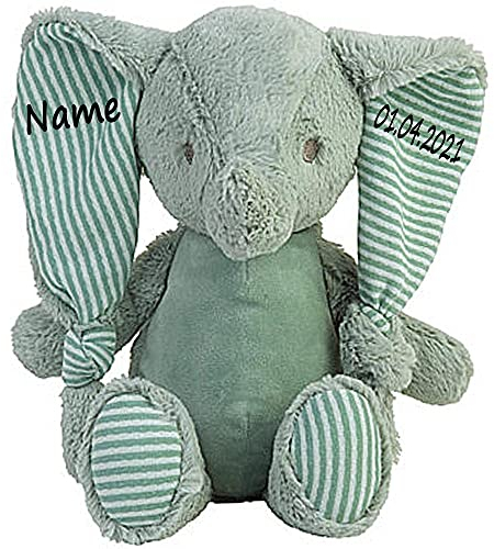 Stofftier Elefant Geschenk mit Namen und Geburtsdatum personalisiert Petrol 24 cm