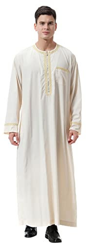 Lazzboy Muslim Kaftan Für Männer-Islamische Arabische Roben-Lange Hülsen Lose Ethnische Kleidung Dubais Mittlerer Osten Muslimischer Arabischer Herrenmantel Mittlerem Reißverschluss (Beige,M)