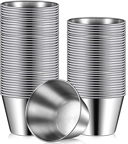 Potchen 60 Pcs Stainless Steel Sauce Cups Bulk, 2.5 Oz Metal Ramekins Dipping Sauce Cups Condiment Bowls Reusable Stackable Round Individual Dipping Bowls Mini Containers for Kitchen Restaurant