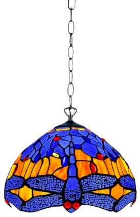 Tiffany Pendant Light 10in Blue & Amber Dragonfly - Stained Glass Shade | Tiffany pendant light with handcrafted stained glass shade. For living room, bedroom, hallway, lounge or dining room.