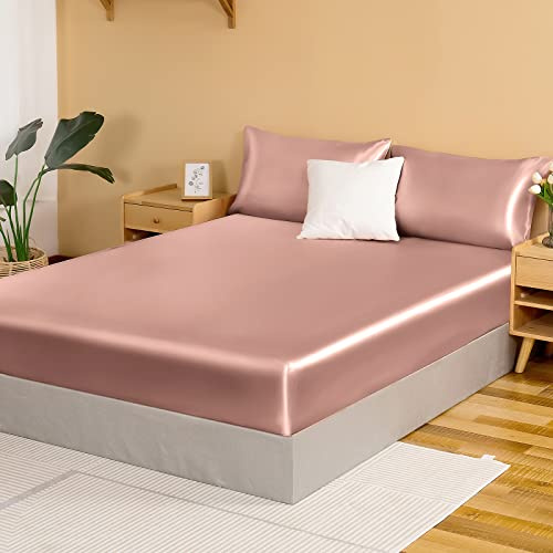 NSGZ Satin Fitted Sheet Full, Single Silky Fitted Sheet Only Soft Deep Pocket Bottom Bed Sheets, Wrinkle Free & Fade Resistant & Breathable Bottom Sheets- Champagne