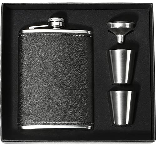 Hip Flask Gift Set for Men, 8oz Leak-proof Flask with 2 Cups and Funnel, Food-grade Stainless Steel Black Leather Pocket Flask, Gift Box Suitable for Whiskey, Wedding Party Groomsman Gift
