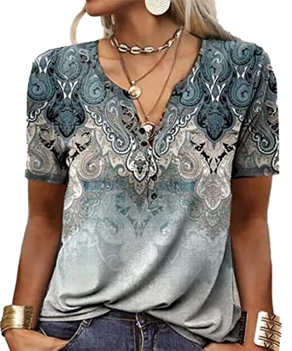 GRMLRPT Tops für Damen Kurzarm Rundhal T-Shirts Tunika Oberteile Bedruckte Blusen für Mädchen Elegant Lässige Hemd Knopfleiste(Blau,L)