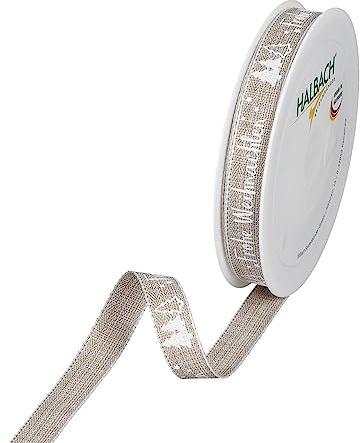 Halbach Geschenkband Weihnachten, 15 mm x 20 m, leinen/weiß | Weihnachtliches Druckband mit Häusern und Bäumen mit Leinenkante, meliert, Made in Germany, waschbar und wetter-/farbecht