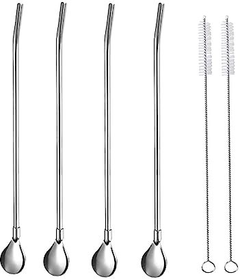 JZK 4 x silberfarbene Edelstahl-Trinkhalm-Löffel, wiederverwendbar, Metall-Strohlöffel, 2-in-1 mit 2 Reinigungsbürsten für Smoothies, Milchshakes, Kaffee, Cocktails