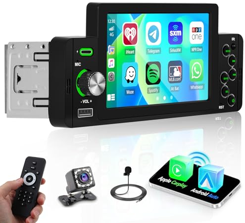 Hikity Wireless CarPlay Autoradio 1 Din con Schermo 5 Pollici, Wireless Android Auto Radio Vivavoce Bluetooth Stereo Auto Supporto Mirror Link FM EQ Microfono Retrocamera