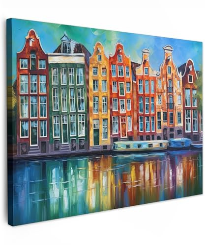 MuchoWow© Leinwände Wall Decoration Bilder Schlafzimmer Deko Pictures | 80x60 cm - Canvas Painting Wanddekoration Wohnzimmer Kunstdruck - Bunt - Amsterdam - Öl - Kanal - Gemälde - Kunst