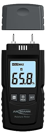 ANSMANN Feuchtigkeitsmessgerät mit großem LCD-Display, einfache Auswahl von 4 Holzgruppen oder 4 Baustoffen. Feuchtigkeitsmesser ermöglicht professionelle Messung von Feuchtigkeit in Holz & Baustoff