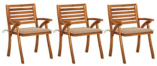 Homgoday Esszimmerstühle für den Garten mit Kissen, 3 Stück, massives Akazienholz, Stühle für den Außenbereich, Esszimmerstühle für Garten, Gartenmöbel, Terrassenmöbel