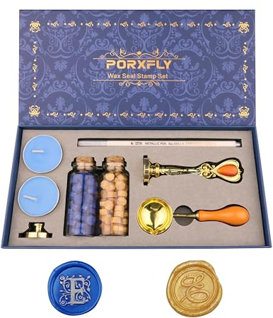 PORXFLY 2 Stück Letter E Wachs-Siegel-Stempel-Set, Initial Alphabet Wachs-Siegel-Stempel-Kit Vintage Geschenk-Box, A bis Z Buchstaben-Serie Stempels für Hochzeit Einladungen, Umschläge (E)