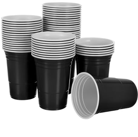 Komonee Black Cups 16oz 500ml Wide Rimmed Disposable American Superbowl Party Cups USA Adult Novelty Plastic Glass 12pc
