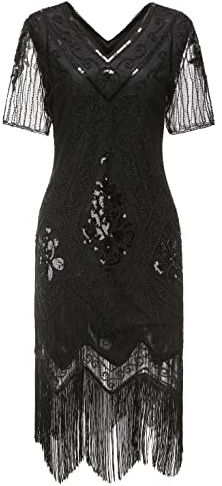 Gionforsy Damen 1920s Kleid mit Pailletten Kurzem Ärmel 20er Jahre Flapper Kostüm Kleid für Great Gatsby Motto Party Halloween Karneval Fasching (Schwarz, XL)