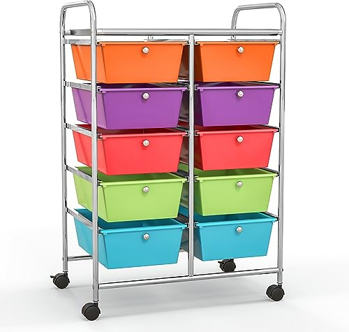GIANTEX Rollwagen mit 10 Schubladen stapelbar, Schubladenwagen Badrollwagen Küchenwagen mit feststellbaren Rollen, Aufbewahrungswagen Haushaltswagen für Küche Bad Büro 65,5x37x87cm Bunt