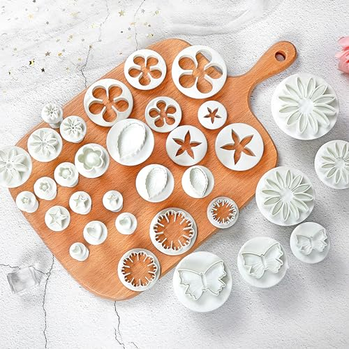 YUANHEHE Juego de 33 cortadores de galletas para fondant, antiadherente, floral, blanco, apto para lavavajillas